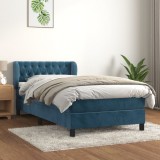 Cumpara ieftin Pat box spring cu saltea, albastru &icirc;nchis, 90x200 cm, catifea