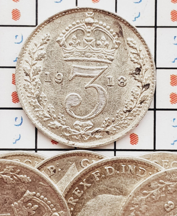 1253 Marea Britanie UK Anglia 3 pence 1918 George V (1st issue) km 813 argint