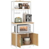 VASAGLE Raft bucatarie cu 4 prize, blat de lucru 90 cm, raft microunde, dulap si carlige, 40x60x170 cm, alb si stejar Household NewTrend