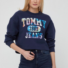 Tommy Jeans hanorac de bumbac femei, culoarea albastru marin, cu imprimeu