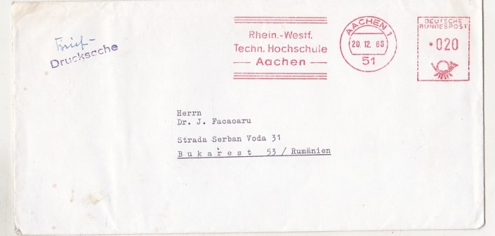 bnk fil Germania RFG - plic circulat spre Romania 1968 - francatura mecanica