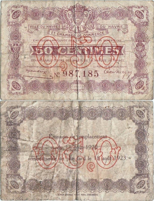1920, 50 centimes (Pirot: 68/26) - Franța (Havre)!