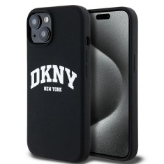 Husa MagSafe pentru Apple iPhone 15 Plus, DKNY, Liquid Silicone White Printed Logo, Neagra