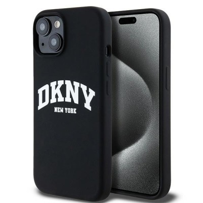 Husa MagSafe pentru Apple iPhone 15 Plus, DKNY, Liquid Silicone White Printed Logo, Neagra foto