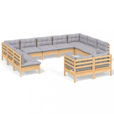 Set mobilier gradina cu perne, 11 piese, gri, lemn masiv pin