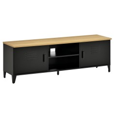 HOMCOM Mobilier TV Banc TV pentru televizoare de 55&#039;&#039; cu 2 Dulapuri Picioare Reglabile Cadru metalic negru Tablou din lemn natural 150 x 40 x 50 cm |