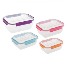 Caserole Alimente KlicBox, Set 4 Bucăți, Capac Multicolor, Capacitate 350/750/1320/2200ml, Transparent, Plastic