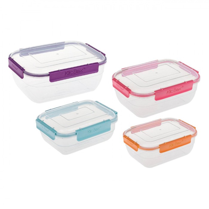 Caserole Alimente KlicBox, Set 4 Bucăți, Capac Multicolor, Capacitate 350/750/1320/2200ml, Transparent, Plastic