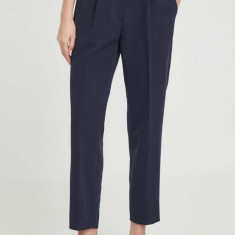 Sisley pantaloni femei, culoarea albastru marin, drept, high waist