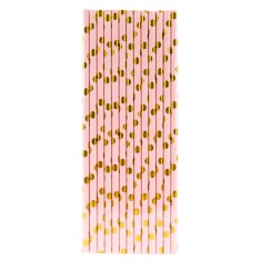 Set 10 paie, flippy, din hartie, 19.5 cm, model cu buline aurii, roz