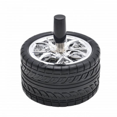 Scrumiera metalica Pufo Angry Wheel, antivant cu buton, 10 cm, negru/ argintiu foto