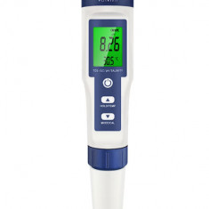 Tester de calitate a apei 5 in 1 profesional, cu ecran iluminat LCD, masoara salinitatea, PH, TDS, EC, temperatura, pentru piscine, spa, acvariu, Alba