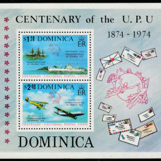 Dominica 1974- Centenar U.P.U , 1874- 1974,bloc 2 valori dantelate, MNH,Mi.Bl.28