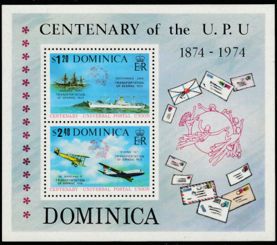 Dominica 1974- Centenar U.P.U , 1874- 1974,bloc 2 valori dantelate, MNH,Mi.Bl.28 foto