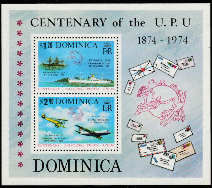 Dominica 1974- Centenar U.P.U , 1874- 1974,bloc 2 valori dantelate, MNH,Mi.Bl.28