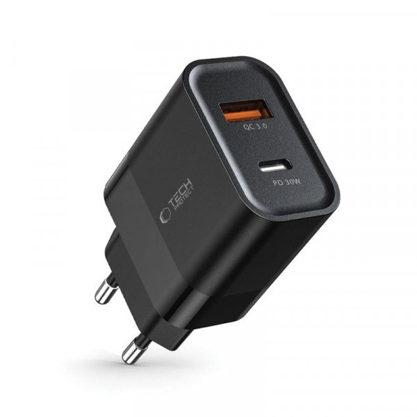 Incarcator Retea Tech-Protect C30W, 30W, 3A, 1 x USB-A - 1 x USB-C, Negru
