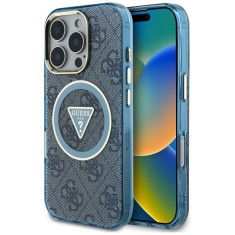 Husa iPhone 16 Pro originala Guess IML Metal Glitter 4G Circle Triangle MagSafe, albastru, GUHMP16LHG4PRTGB foto
