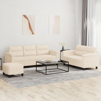 vidaXL Set de canapele cu perne, 3 piese, bej, microfibră foto