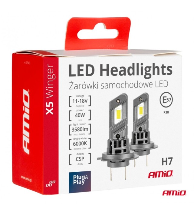 Set 2 Becuri LED H7 AMIO X5 Winger 6000K Canbus , 40W 3580LM