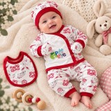 Cumpara ieftin Set nou-născut bebe 5 piese, alb cu roșu, imprimeu iepurași, bluză, pantaloni,
