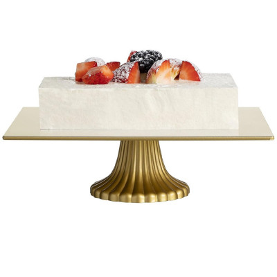 Platou elegant din sticla Pufo Gold cu picior pentru servire torturi, aperitive, prajituri, deserturi, 26 x 22 cm foto