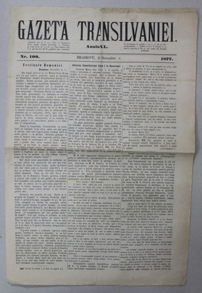 GAZETA TRANSILVANIEI , BRASOV , REDACTOR IACOB MURESIANU , ANUL XL , NR. 100 , 22 DECEMBRIE , 1877