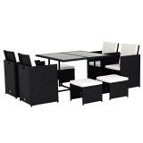 Outsunny Set Mobilier de Grădină &icirc;ncorporabil 8 persoane 9 piese rășină &icirc;mpletită 4 fire imitație răchită Negru Perne detașabile crem | Aosom Romania