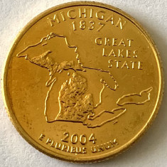 AMERICA QUARTER 1/4 DOLLAR 2004 LITERA D.(GREAT LAKES STATE-MICHIGAN),PLACAT AUR foto