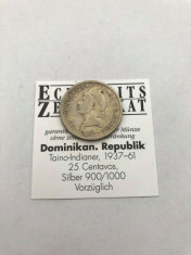 MONEDA ARGINT 25 CENTAVOS 1952 REPUBLICA DOMINICANA CU CERTIFICAT foto