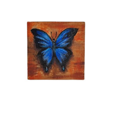 Pictura pe suport de lemn, Fluture albastru, 7.5 x 7.5 cm