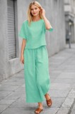 Women's Linen Look Short Top and Pants Water Green Set