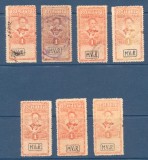 ROMANIA 1917 Timbru fiscal 1 Leu sursarjat MViR - lot 7 timbre stampilate, nestampilate nuante de culoare
