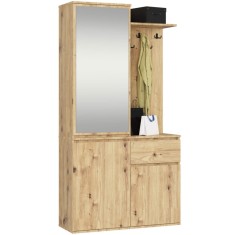 Set hol Entro cu oglinda, cuier si depozitare, stejar artisan, 95x35x183 cm