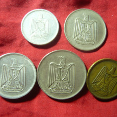 5 Monede EGIPT 1960 si 1967 , Al ,Ni. si bronz , cal.Buna- F.Buna