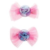 Agrafe de par pentru copii cu funda holografica si element rotund cu model Stitch, 2 buc, 6cm, Roz, CMCLASS