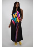 Cumpara ieftin ROCHIE LUNGA FARA MANECI CU BUZUNARE BUTTERFLY VALLO TALIE UNICA Multicolora