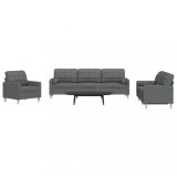 vidaXL Set de canapele cu perne, 3 piese, gri &icirc;nchis, material textil