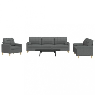 vidaXL Set de canapele cu perne, 3 piese, gri &amp;icirc;nchis, material textil foto