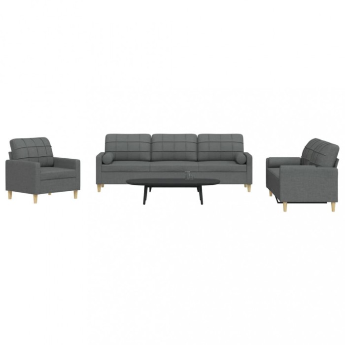 vidaXL Set de canapele cu perne, 3 piese, gri &icirc;nchis, material textil