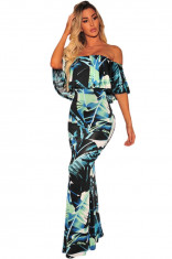 Q486-141 Rochie maxi cu imprimeu colorat, umerii goi si volanas foto