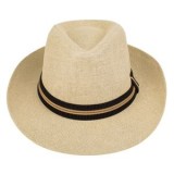 Palarie Panama Unisex din Paie, Marimea 59, Natural cu Banda Neagra si Dunga Bej, CMCLASS