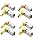 Set 8 mufe banana la 90 grade tata 4mm metal cu surub si inel negru si rosu SET-8-BANANA90/M-B+R