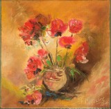 Pictură originală ulei pe p&acirc;nză &bdquo;Maci roșii &icirc;ntr-o vază pe fundal auriu&rdquo; 20x20 cm, pe șasiu. Certificat cu semnătura și ștampila artistului