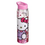 Sticla de apa cu perete dublu si pai integrat, 500 ml, Transparenta cu accente roz, pentru copii, CMCLASS