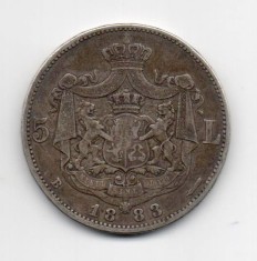Monedă 5 lei, ARGINT (25 grame) Romania, 1883
