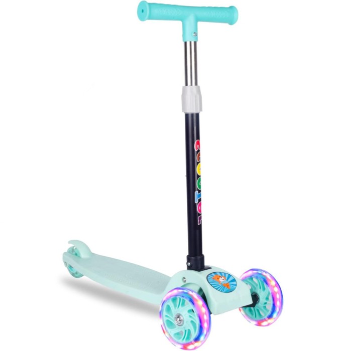 Trotineta copii, ghidon ajustabil pe inaltime, 3 roti LED multicolor, pliabila, verde
