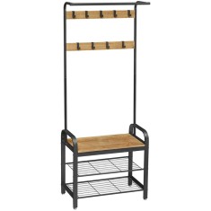 Cuier cu 2 rafturi pentru incaltaminte, Artool, banca, pal, otel, negru si natur, 72x33.7x183 cm