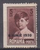 ROMANIA 1930 LP 83 n REGELE MIHAI I SUPRATIPAR 8 IUNIE 1930 EROARE 5 LEI BRUN NEDANTELAT VERTICAL STANGA