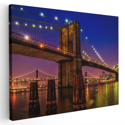 Tablou podul Brooklyn noaptea New York Tablou canvas pe panza CU RAMA 80x120 cm foto
