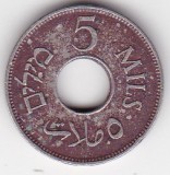 Monedă Palestina 5 mils 1927, Mandatul Britanic, perforată central